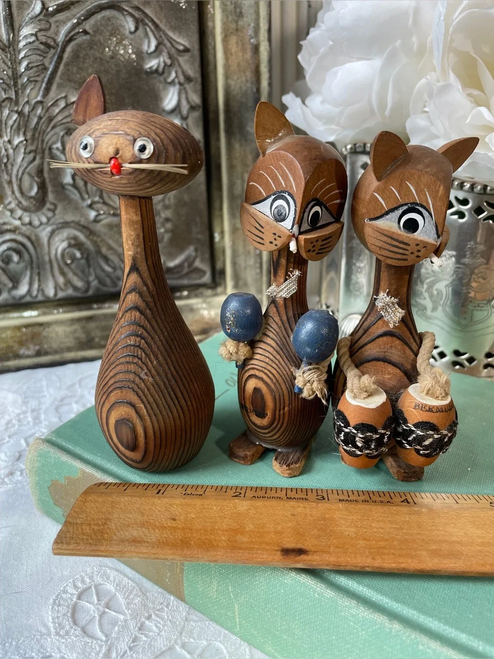 Handcrafted Wood Cat Figurines - Brown MCM Japan
